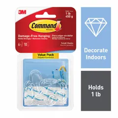Adhesive-backed utility hooks for lightweight hanging tasks. Each hook has a 1 lb weight capacity, 1 point, and measures 2 in height by 1 in width. Clear finish. Suitable for organizing keys, small tools, or cords in workshops, offices, or homes without damaging surfaces.