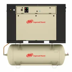 This quiet enclosed reciprocating electric air compressor delivers 16.8 cfm at 5 hp with a two-stage pump and 80-gallon horizontal tank. It operates on 200V AC, 60 Hz, three-phase power and includes an aftercooler, low oil level switch, and electronic drain valve. Typical applications include powering pneumatic tools and automation equipment in industrial settings where reduced noise is required.
