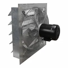 Standard shutter-mount exhaust fan with 24-inch aluminum blade. Driven by a 1/3 hp totally enclosed air-over motor, single-phase, 115V AC, delivering 5000 cfm at single speed. Suitable for general industrial ventilation in factories, warehouses, and similar facilities requiring reliable air extraction.