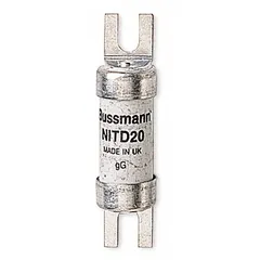 The BUSSMANN NITD20M32 is a British Standard BS88 fuse from the NITD series, rated 20 A and 550 V AC. It features a time-delay characteristic to tolerate inrush currents from inductive loads such as motors and transformers, providing overcurrent protection in industrial electrical circuits.