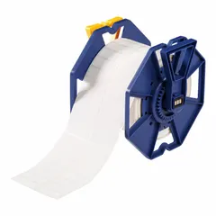 Acrylic label roll with permanent adhesive and inkjet print-receptive surface. Each label measures 1 1/2 in x 1/2 in, supplied in rolls of 1,000. Compatible with J7300 printer series. Used for asset tagging, cable marking, and component labeling in industrial environments.