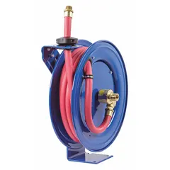 Gas spring-return hose reel with 25 ft hose capacity for 3/4 in I.D. hose. Features a brass swivel and 3/4 in MNPT hose end. Maximum operating pressure 300 psi. Reel color blue. Overall dimensions 19-5/8 in L x 9-3/4 in W x 21 in H. Suitable for air, water, or light fluid transfer in industrial settings.