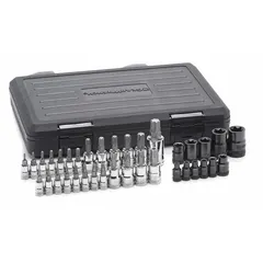 This 50-piece hex bit socket set includes 36 Torx bits covering sizes T7 to E20. Drive sizes are 1/4 in, 3/8 in, and 1/2 in. Suitable for driving Torx fasteners in automotive, machinery, and industrial applications.