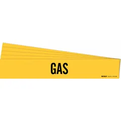 Yellow adhesive pipe marker with black 'Gas' legend, designed for pipes with an outer diameter of 8 inches and larger. Each pack contains 5 markers without arrows. Used to identify gas piping in industrial, commercial, and facility piping systems.