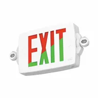 White plastic exit sign with two faces, green/red LED illumination, and universal field-selectable chevrons. Operates on 120-277V AC, suitable for ceiling or wall mounting. Includes nickel cadmium batteries with self-diagnostics for emergency backup. Provides egress guidance in commercial, industrial, and institutional facilities