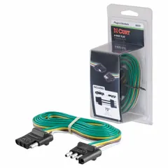 This 4-way rubber electrical plug is used to connect trailer lighting to a tow vehicle, providing signal transfer for brake, turn, and tail lights. It features 16 ga wire gauge and is suitable for both trailer and tow vehicle wiring in fleet and vehicle maintenance applications.