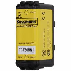 The BUSSMANN TCF30RN is a Class CF time-delay cube fuse rated 30 A, 600 V AC / 300 V DC. It is non-indicating and part of the TCF Series. This fuse provides overcurrent protection in circuits with inductive loads such as motors and transformers, accommodating temporary inrush currents.