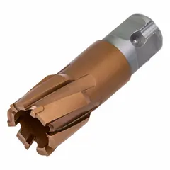 This annular cutter is made of high-speed steel and includes a pilot pin. It has a cutter diameter of 1 1/8 in and a maximum cutting depth of 1 3/8 in. Designed for use with magnetic drill presses, it is suitable for cutting clean holes in metal for structural steel, fabrication, and construction applications.