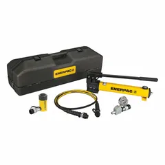 This lifting set combines an RC102 hydraulic cylinder with 11-ton nominal capacity and 2.13-inch stroke, paired with a P392 hand pump. Designed for manual hydraulic operation, it is suited for lifting, pressing, and positioning heavy loads in industrial maintenance, construction, and manufacturing applications.