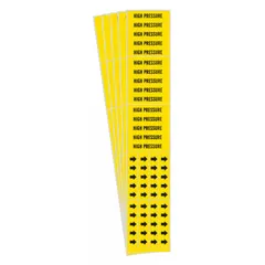 Adhesive pipe marker with yellow background and black legend reading 'High Pressure' with directional arrows. Designed for pipes with an outside diameter of 3/4 inch and smaller. Each pack contains 5 markers. Used to identify high-pressure lines in industrial piping systems.