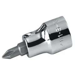 This Phillips bit socket features a #2 tip size and a replaceable insert design, allowing the bit tip to be swapped when worn. It is used for driving Phillips-head screws in assembly, repair, and maintenance tasks.