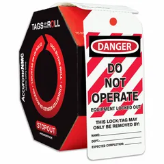 This polyolefin tag is printed with 'Danger: Do Not Operate' in English and includes fields for notes, date, and signature. It is supplied on a roll for convenient dispensing. Typical use includes lockout/tagout procedures to prevent accidental equipment operation during maintenance.