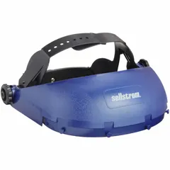 This SELLSTROM crown is a nylon headgear component for stand-alone face shields, featuring a blue finish and ratchet suspension adjustment. It is used in industrial environments where impact and splash protection are required, such as machining, welding, and chemical handling, providing a secure and adjustable fit.