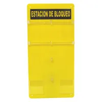 This BRADY lockout station is an unfilled, wall-mounted board made of acrylic with an open front and clear door. It includes a Spanish lockout board and is sized for 1-20 lockout devices. No padlocks are included. Typical applications include organizing lockout/tagout devices in industrial facilities to support safety procedures