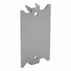 Steel safety plate in gray finish. Measures 0.06 inches deep, 1.5 inches wide, and 2.75 inches long. Used to protect cables from physical damage in conduit or raceway systems.