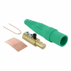 This male plug from the 16 Series is rated 600V AC/600V DC and 400 A. It features double set screw termination for secure conductor connections. The green housing is suitable for industrial power distribution, temporary power setups, and heavy-duty equipment connections.