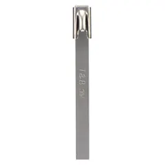 This 304 stainless steel cable tie is designed for bundling and securing cables, hoses, and wires in demanding environments. It features a ball lock mechanism for a secure, vibration-resistant hold. With a nominal length of 14-1/2 inches and a maximum bundle diameter of 4 inches, it is suitable for a variety of industrial, marine, and outdoor applications where corrosion resistance is required. Supplied in a pack of 50.