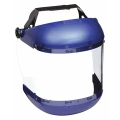 This SELLSTROM face shield features a clear, uncoated, reusable polycarbonate visor measuring 6 inches in height and 19 inches in width, with a blue headgear. The single-crown design includes a chin guard for splash and impact protection. Suitable for general industrial tasks such as machining, material handling, and maintenance.