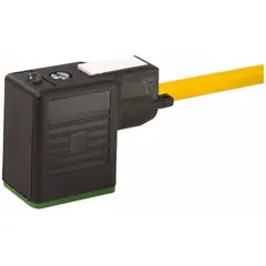 Single-ended cordset with female right-angle DIN Form Industrial B connector and bare wire termination. Features 3 pins, 18 AWG wire, 3-meter PUR yellow cable, and IP67 rating. Used for connecting solenoid valves and sensors in industrial automation systems.