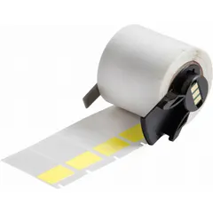 Yellow matte vinyl wraparound label for permanent wire and cable identification. Measures 1-1/2 in x 3/4 in and accommodates 10 AWG to 4 AWG wire gauge. Compatible with M610 printer series; requires M61-R4310 ribbon. Used in electrical panels, data centers, and manufacturing for marking conductors.
