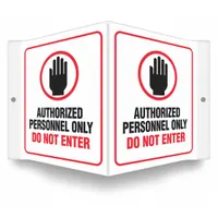 This sign is designed for use in industrial facilities, warehouses, and plant areas to restrict access to authorized personnel. It features a V-shape projection and mounting holes for installation. The sign measures 6 in x 8 1/2 in with a thickness of 0.06 in and is made of PETG. It is not retroreflective, not glow-in-the-dark, and has no anti-slip surface