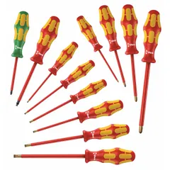 12-piece insulated screwdriver set with Phillips, slotted, and square tip profiles. Ergonomic grip for comfort. Suitable for electrical work requiring protection against live circuits up to 1,000 VAC.