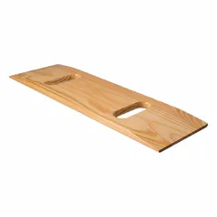 Wood transfer board for patient repositioning and transfer. Measures 24 inches long, 1 inch wide, and 8 inches high. Brown finish. Suitable for use in medical and care facilities to assist in moving patients between surfaces.