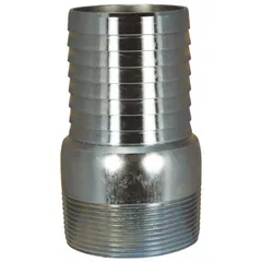 This steel x steel barbed combination nipple connects 3 in hose I.D. to NPT threaded equipment. It is suited for air, water, and chemical transfer in industrial fluid-handling systems. The fitting has a 3-1/32 in x 3-1/2 in size with a hose barb x NPT connection type and no knurl.