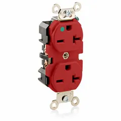 Specification grade duplex receptacle with NEMA 6-20R configuration. Rated 20A at 250V AC, 2-pole 3-wire grounding. Red nylon face. Suitable for general purpose use in commercial and industrial settings requiring a 250V 20A outlet.