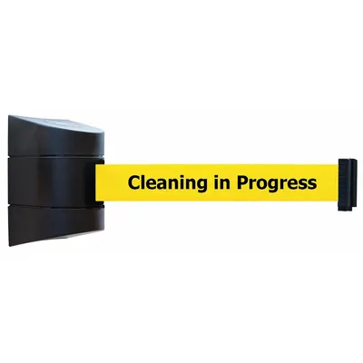 TENSABARRIER Retractable Belt Barrier: 15 ft Belt Lg, Maint & Cleaning Messaging - Wall-Mount Retractable Belt Barriers