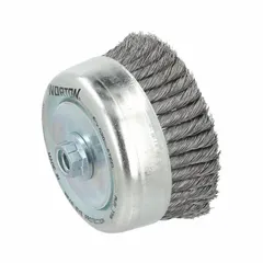 This cup brush features standard twist knot wire bristles for aggressive cleaning of contoured carbon steel surfaces. With a 6 in diameter and 0.02 in fill diameter, it is suited for removing rust, scale, and weld splatter. The 5/8"-11 arbor hole allows for secure mounting on compatible tools.