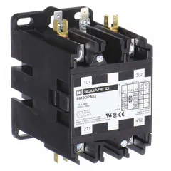 This SQUARE D definite purpose contactor is a non-reversing, 2-pole device with a 50 A rating and 2NO main pole contact form. It operates with a 220/208-240V AC coil and has a maximum voltage rating of 600V AC. The contactor features quick-disconnect terminals for wiring convenience. Typical applications include switching single-phase loads in HVACR equipment such as compressors, fan motors, and condenser units.