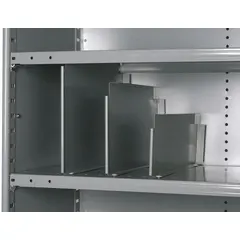 This vertical divider is designed for use with standard metal shelving to organize and separate stored items. Constructed from steel with a powder-coated gray finish, it is ESD conductive for environments requiring electrostatic discharge protection. Includes fasteners for installation.