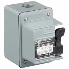 Three-pole enclosed manual motor switch rated 30 A at 230V DC. Surface-mount painted steel enclosure with NEMA 4 rating. Used for local on/off control and disconnection of motors in industrial environments.