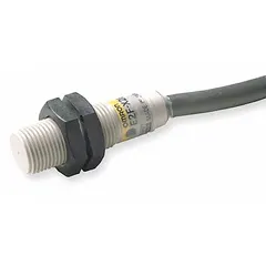 Shielded inductive cylindrical proximity sensor with normally open (NO) output and 3-wire non-terminated cable. Operates on 10-30V DC supply. Suitable for non-contact detection of metal objects in industrial automation applications such as position sensing, part counting, and machine safety interlocks.