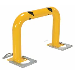 This high-profile pipe-style guardrail is constructed from yellow steel for high visibility. It is designed for floor-mounted installation with a 5/8-inch mounting hole diameter. The top rail height is 36 inches. Note that mid-rail and mounting hardware are not included. Typical applications include marking hazardous zones, aisle ways, or machine perimeters in industrial facilities.