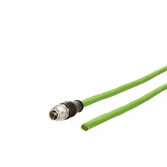 Single-ended M12 data cordset with X-coded male straight connector and bare wire end. Green PUR jacket, 0.5 m length. Cat6 performance, IP6X rated. Used for industrial Ethernet connections in automation and control systems.