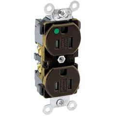 This LEVITON receptacle is a specification grade, hospital grade duplex outlet with NEMA 5-15R configuration. Rated for 125V AC and 15A, it features 2 poles and 3 wires in a brown finish. Suitable for general purpose use in commercial and institutional settings requiring reliable power connections.