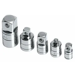 This multi-size hand socket adapter set includes four adapters with square output drives: 1/2 in, 1/4 in, 3/4 in, and 3/8 in. Constructed from chrome, the set allows conversion between drive sizes for use with hand ratchets and sockets in automotive and industrial maintenance tasks. No locking mechanism is included.