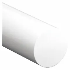 Opaque white polyester rod, 3/4 in diameter by 12 in length. Tensile strength of 12,400 psi and impact strength of 0.5 ft-lb/in. Suitable for machined components such as bearings, bushings, and wear strips in industrial equipment.