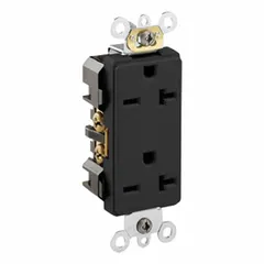 This Leviton duplex receptacle is a NEMA 6-20R configuration rated 20 A at 250 V AC, 2-pole/3-wire grounding. The black thermoplastic body is suitable for general-purpose use in commercial and industrial environments. It is designed for powering equipment that requires a 250 V supply, such as air conditioners or compressors.