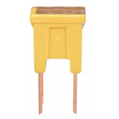 The BUSSMANN FLM-60 is a male cartridge-style fast-acting fuse rated at 60 A and 32 V DC. It features a yellow color code and is designed for overcurrent protection in automotive electrical systems, such as battery distribution and auxiliary power circuits.