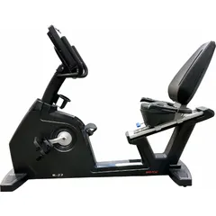 The PROMAXIMA CV-R22 is a recumbent exercise bike with a gray finish, measuring 78 inches in overall length. It features a self-powered drive system and 20 resistance settings, allowing users to adjust workout intensity without external power. Suitable for low-impact cardiovascular training in fitness facilities and rehabilitation settings.