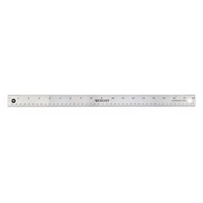 WESTCOTT Ruler: 10417, 18 in, 0.06 in Thick, 1/8 in, Clear, Black, Flex, Etched Graduation Mark - Stainless Steel Rulers