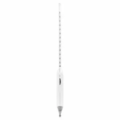 This Baume plain form hydrometer measures specific gravity of liquids over a range of 9/21° with 0.1° scale divisions. Constructed from glass, it has an overall height of 12 inches and an accuracy of ±0.1°. Typical applications include determining concentration or density in industrial processes such as brewing, chemical mixing, and wastewater treatment.