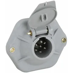 This 7-way plastic socket is designed for connecting trailer lighting and auxiliary power systems to a towing vehicle. It features No. 8 ring terminals for secure electrical connections in commercial trucking and heavy-duty equipment applications.