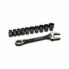 This adjustable wrench set includes an 8-inch wrench with a 1 1/8-inch jaw capacity, featuring a chrome finish and plain grip. The wrench is constructed from alloy steel and comes organized on a socket rail. Suitable for turning nuts, bolts, and fittings in general maintenance and assembly tasks.
