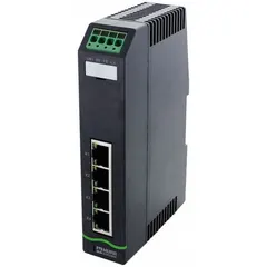 Unmanaged DIN Rail-mount Ethernet switch with four RJ45 ports supporting 1000 Mbps network speed. Features Auto-Crossover for automatic cable detection and an IP20 rating for indoor use. Operates on a maximum input voltage of 30V DC. Suitable for connecting devices such as PLCs, HMIs, and sensors in control cabinets within industrial networks.