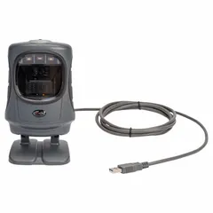 This BRADY hands-free barcode label scanner is a dark gray, cable-connected device that reads both 1D and 2D barcodes. It features a maximum scan distance of 1 9/16 inches and connects via USB 2.0 for printer connectivity. A scanner cable is required for operation. Typical applications include inventory management, shipping and receiving, and asset tracking in industrial environments.