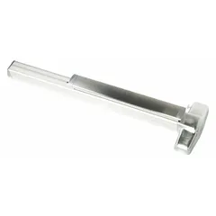 Mortise exit device with touchbar style for commercial egress applications. Chrome finish, ADA compliant, designed for doors up to 4 ft wide. Suitable for use in schools, offices, and public buildings where safe push-pad operation is required.